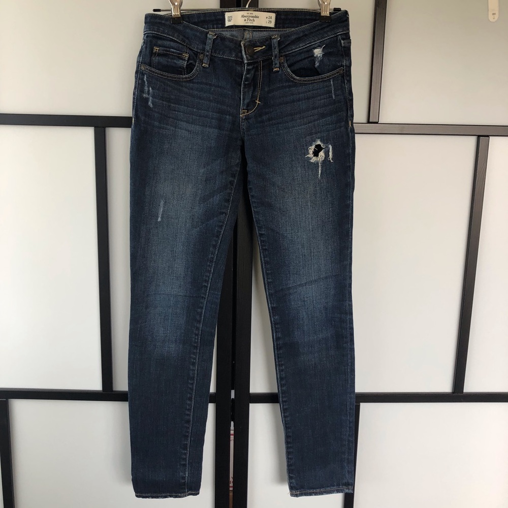 A&F super skinny dark wash distressed jeans